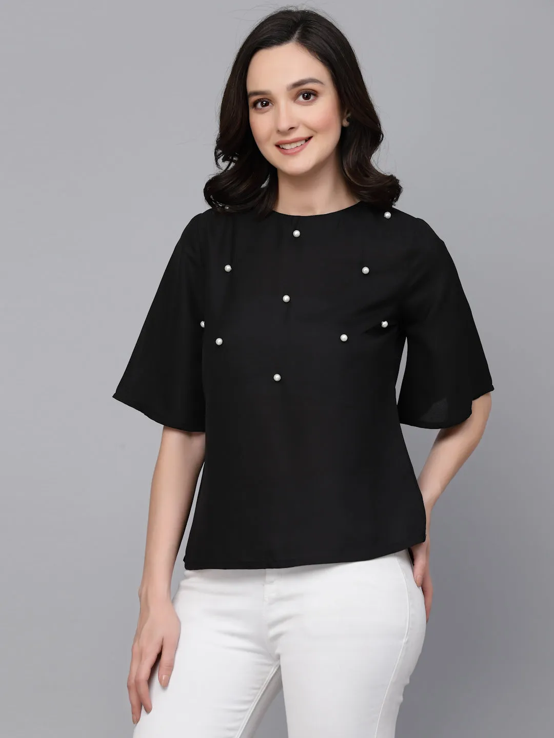 Style Quotient Women Black Polyester Regular Smart Casual Top