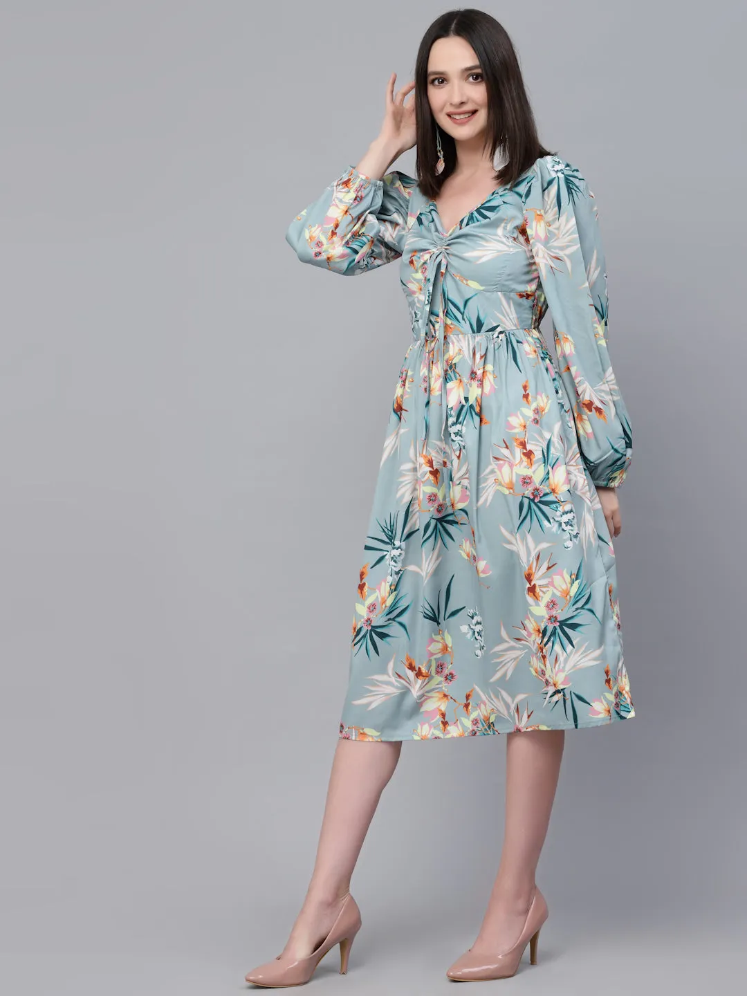 Style Quotient Women Green and Multi Floral Printed Polyester smart casual Midi Dress