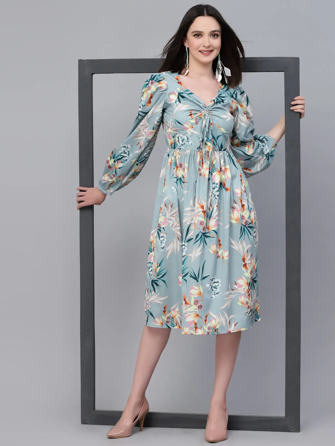 Style Quotient Women Green and Multi Floral Printed Polyester smart casual Midi Dress