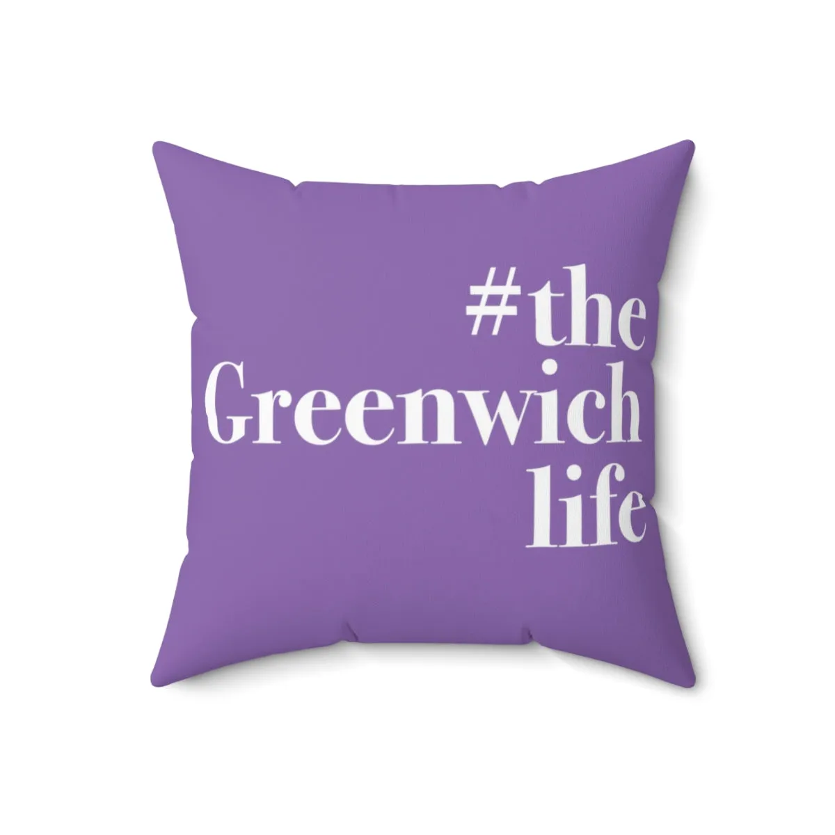 #thegreenwichlife Spun Polyester Square Pillow (white print)